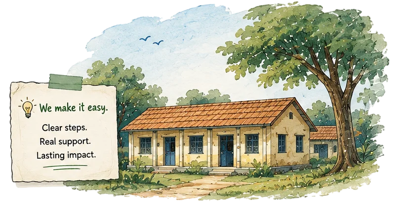 A rural school building surrounded by trees