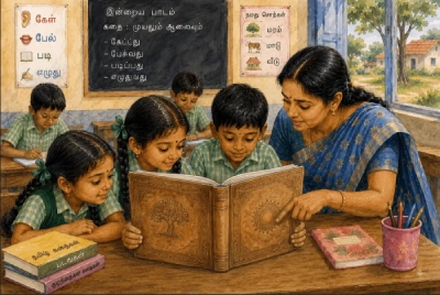 Two students read a picture book together at their desk