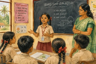 A student speaks confidently at the front of the classroom while her teacher listens