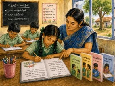 A teacher guides a student while she writes in her notebook