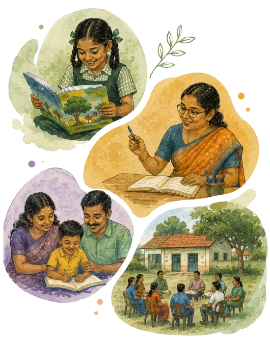 Collage of a child reading, a teacher preparing a lesson, a family reading together, and a community meeting