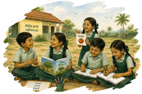Children reading, writing and sharing stories together outside their rural school